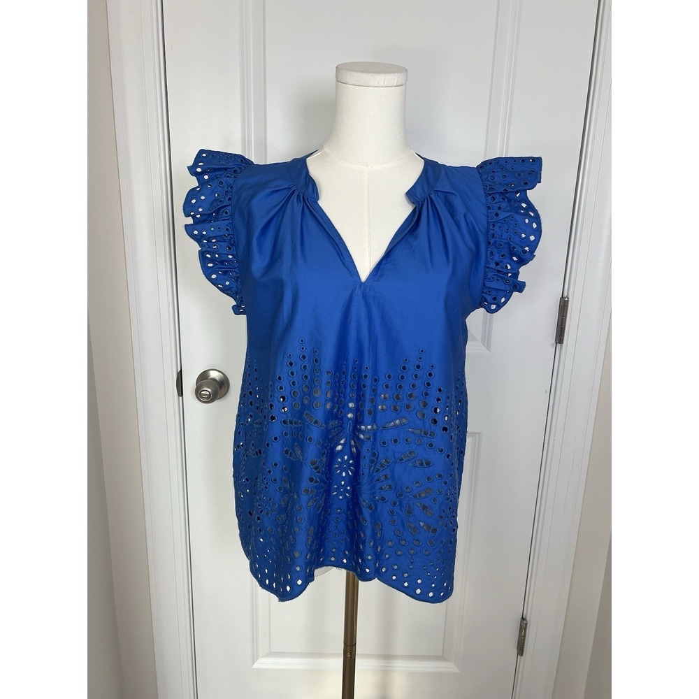 Karina Grimaldi Women's‎ Royal Blue Eyelet Blouse Flutter Sleeve Medium Cottage